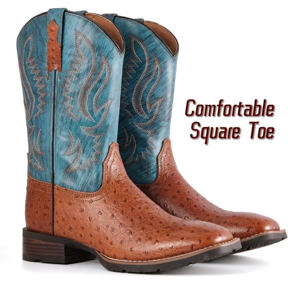 Men‘s Brandy Leather Cowboy Ostrich Patter Square Toe Embroidery Western Boots
